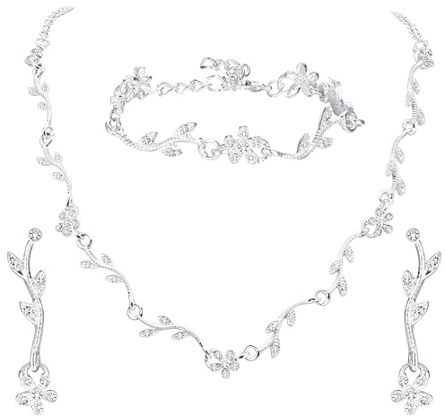 KALVICA Conjunto Collar y Pendientes 3 Piezas para Novia Bisuteria Mujer con Pulsera Ajustable Color Plata Cristales Strass para Boda Damas de Honor y Bodas de Plata