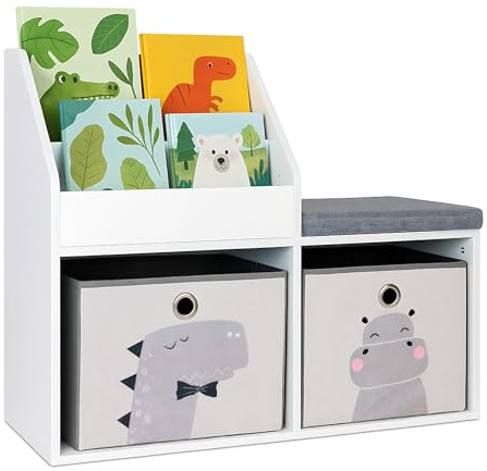 Relaxdays children's bench with storage, HWD: 72 x 79 x 31 cm, 2 foldable boxes, bookshelf, padded seat, white/grey