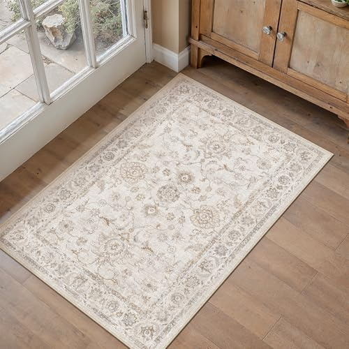 PureCozy Vintage Beige Door Mat 60x90cm Washable Small Area Rug | Non Slip, Low Pile Carpet, Entrance, Kitchen, Bedroom, Corridor, Easy Clean