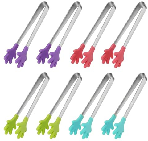 8 Stück Mini-Lebensmittelzangen aus Edelstahl mit bunten Silikongriffen, multifunktionale Zuckerzange für Süßigkeitenbar, Buffet, EIS und Aperitif, Partyzubehör-Set