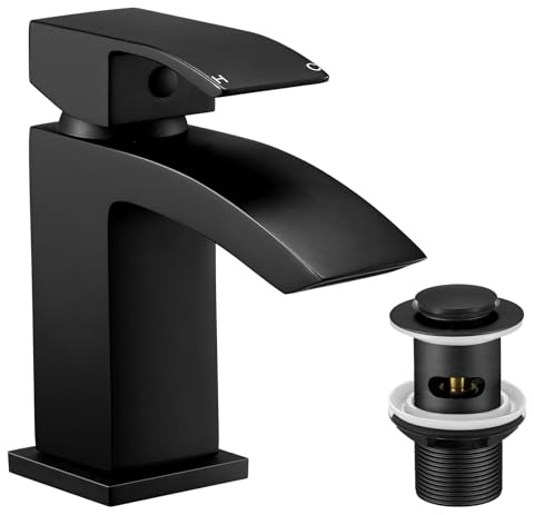 Hapilife Basin Taps Mixer Waterfall with Pop-up Waste Black Bathroom Sink Taps Mixers Square Matte Black Mono Cloakroom Faucet Monobloc 1 Hole with Slotted Waste Click Clack Single Lever