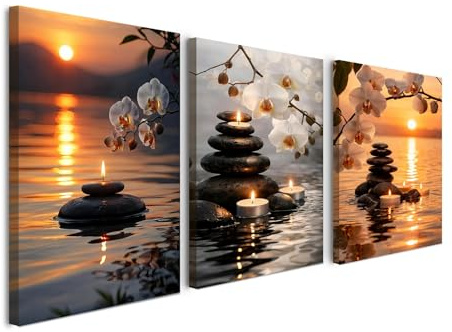 Alptiny Wandbilder 3er Set 30x40 cm mit Rahmen, Leinwandbilder mit Zen Steinen, Orchideen und Kerzen, Wanddeko für Wohnzimmer Schlafzimmer Büro, HD-Druck, mit Klettband