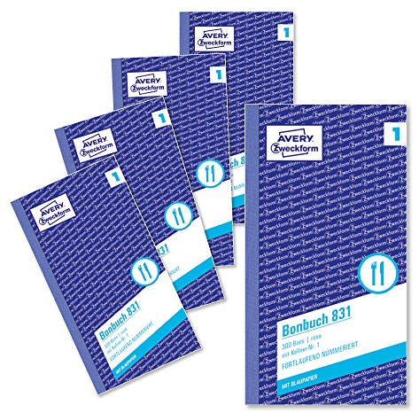 AVERY Zweckform 831-5 Bonbuch (105x198mm, 1.500 Bons mit Kellner-Nr. 1, mit einem Blatt Blaupapier und je einem Durchschlag, 5 Blöcke mit je 300 Stück, ideal für den Gastronomiebedarf) rosa/weiß