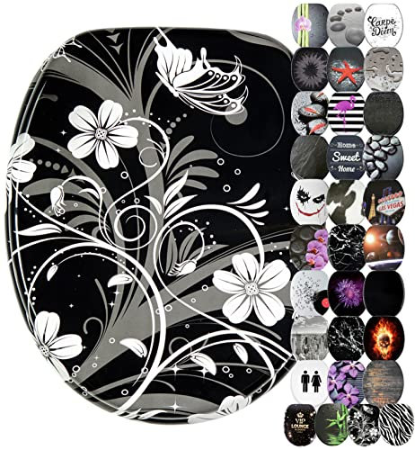 Sanilo Toilet Seat, Wide Choice of Black Toilet Seats, Stable Hinges, Easy to Mount (White Flower)