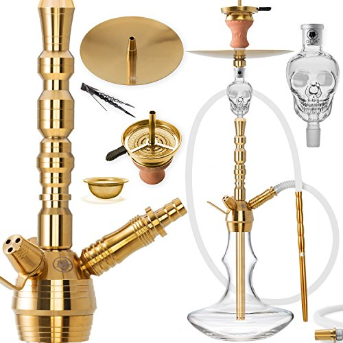 DILAW® Rubin Shisha Edelstahl Gold V2A 75cm Hookah Medium | Wasserpfeife Kaminkopf Komplettset Molassefänger mit 3 Anschlüssen Kopfadapter Silikonschlauch Alumundstück Tabakkopf Kaminaufsatz