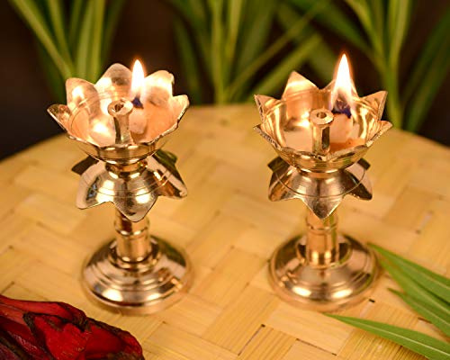 Collectible India Set mit 2 Messing-Diya für Puja-Tempel-Dekoration, Lotusform, Säulen-Diya-Ständer, Öllampe für Zuhause, Mandir-Puja-Artikel – Diwali festliche Geschenke – 9,5 cm