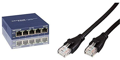 Netgear GS105 Switch Ethernet 5 Ports Métal Gigabit (10/100/1000), pour Une Connectivité Simple et Abordable, Protection ProSAFE & Amazon Basics Câble réseau Ethernet RJ45 catégorie 6-3 m