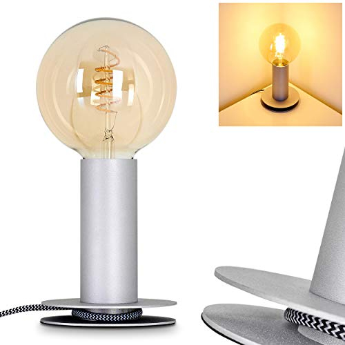 Tischleuchte Kimstad, Tischlampe aus Metall in Silber, 1-flammig, 1 x E27-Fassung, Leuchte im Retro/Vintage Design mit Textilkabel und An-/Ausschalter am Kabel, ohne Leuchtmittel
