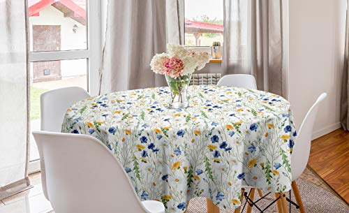 ABAKUHAUS Natur Runde Tischdecke, Mohnblumen Gänseblümchen Rural, Kreis Tischdecke Abdeckung für Esszimmer Küche Dekoration, 150 cm, Pale Grün Gelb Blau