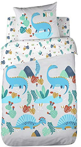 CÔTE DECO Parure da letto per bambini, motivo: dinosauri verdi, 140 x 200 cm, 1 federa 63 x 63 cm, 100% cotone biologico