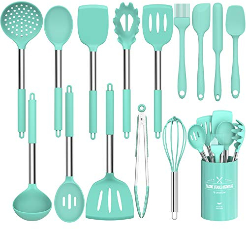 Umite Chef - Juego de 15 utensilios de cocina de silicona antiadherente con mango de acero inoxidable, color verde