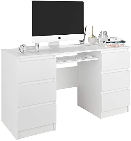 Framire Schreibtisch Weiß 140x50x77 cm – großer Bürotisch mit 6 Schubladen, Computertisch im modernen Stil für Home Office, Arbeitszimmer, Schlafzimmer & Studio, Modern N-32