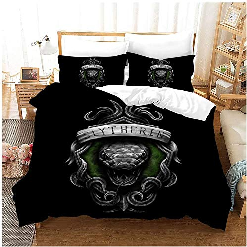 QWAS Harry Potter Bettwäscheset, Slytherin Bettbezugset, 3D-Druck, 100% Mikrofaser, Pflegeleichte Bettwäsche (A01,135x200cm+80x80cmx2)