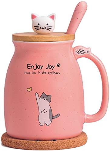 Cute Cat Cup Ceramic Coffee Mug with Kawaii Cat Wooden Lid, Lovely Stainless Steel Spoon, Anime Kitty Thicken Wooden Coaster, Christmas Birthday Gift Cute Thing Japanese Mug 480ML(Pink)