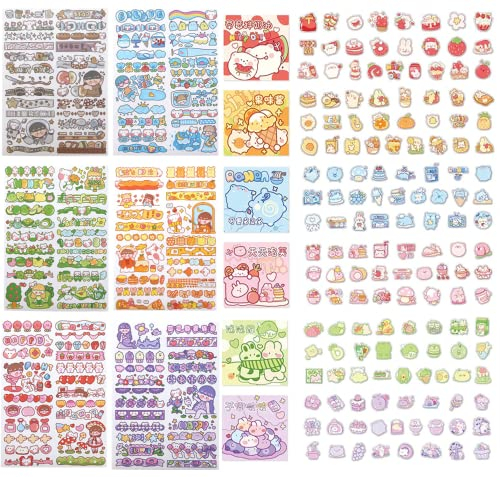 Klebende Mini-Etiketten Cartoon Aufkleber (300PCS+6Sheets) Kawaii Stickers für DIY Handwerkbook Bleistifte und Kugelschreiber Scrapbooking Album Planer Journal Kunst (Cartoon-Etiketten Aufkleber)