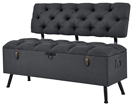 [en.casa] Sitztruhe Malmöhus 110x48x75cm Sitzbank mit Stauraum und Rückenlehne Truhenbank Gepolstert Aufbewahrungsbank Füße aus Eisen Dunkelgrau