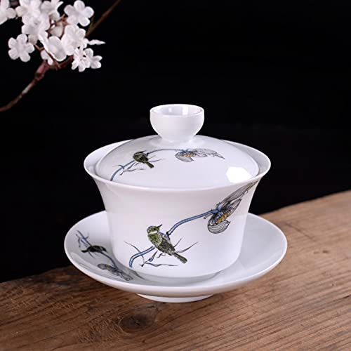 LINLN Peint à la Main en Porcelaine Bleue et Blanche Gaiwan soupière en céramique Bol à thé Ensemble Bol Couvert avec Couvercle Tasse Soucoupe