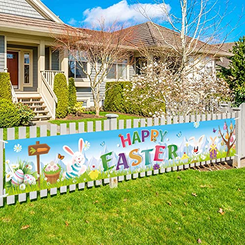 Langes Happy Easter-Hintergrund-Banner, Willkommens-Frühlings-Osterhasen-Banner mit bunten Eiern, Blumen-Thema-Dekoration, Banner, Zuhause, Innen- und Außenbereich (2.4x0.4 m)