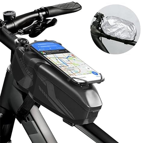 SachsenRAD Fahrrad Rahmentasche, 1L Wasserdicht Bike Frame Box ABS Stoßfest, 360° drehbare elastische Handyhalterung für Smartphone bis 6,5 Zoll, Lenkertasche mit Regenschutz