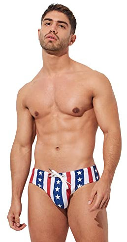 F plus R Herren-Badeanzug, Motiv: USA-Flagge, Sterne, niedrige Taille, Bikini-Slip, Strand-Badeanzug, Streifen, XL