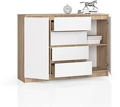 Générique BDW Commode avec 4 tiroirs et 2 Portes - Buffet Multifonction - pour Salon, Salle à Manger - 138 x 99 x 40 cm - Chêne Sonoma - Blanc