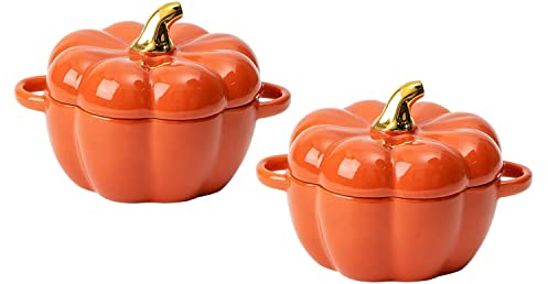 Pumpkin Bowl Set with Lid and Handle, Set of 2 Ceramic Ramekins for Baking, Casserole Dish Individual Severing Pot, Stoneware, Oven Safe, 14 Oz (Orange)