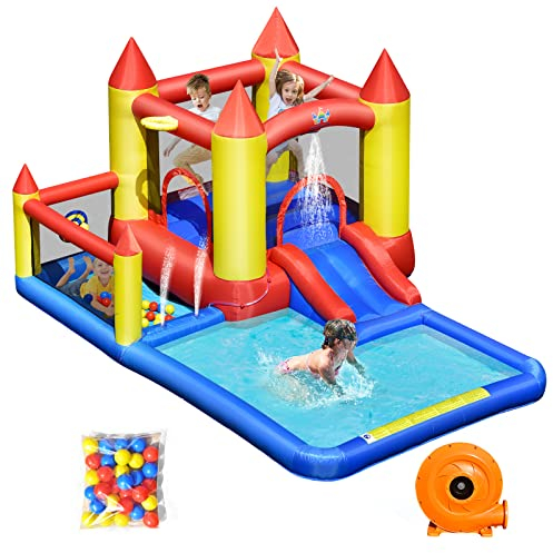GOPLUS Castillo Hinchable para Niños, Hinchable Grande con Ventilador con Tobogán, Piscina Infantil, Cesta de Baloncesto, para Fiesta del Agua de Verano, Adecuado de 3 a 10 Años, 400 x 280 x 195 cm
