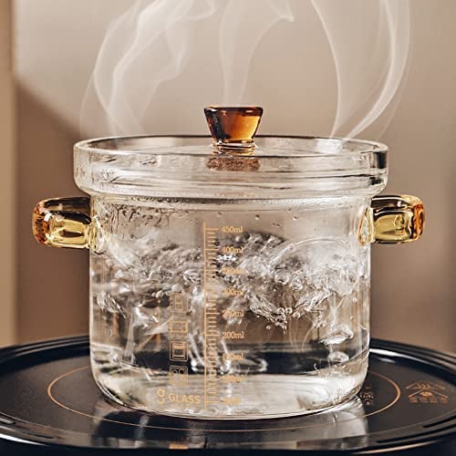 0.45L/15.8oz Pentola in vetro trasparente resistente alle alte temperature,tegame in Vetro borosilicato,pentola in Vetro Trasparente, pentola per zuppa con doppio manico e coperchio