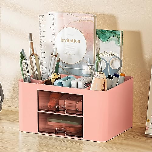 Glovios Schreibtisch Organizer, Stiftehalter Schreibtisch Kinder mit Schublade, Multifunktionaler Büro Organizer, Desk Organizer für Schule, Büro, Zuhause (Rosa)
