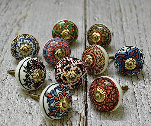 ARTISNO Lot de 10 boutons de porte en céramique faits à la main pour armoire de cuisine - Doré mandala