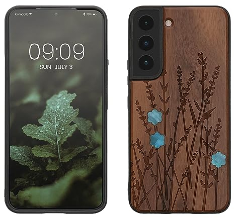 kwmobile Hülle kompatibel mit Samsung Galaxy S22 Hülle - Holz Case - Handy Cover - TPU Handyhülle in Dunkelbraun Perlmutt-Lavendel