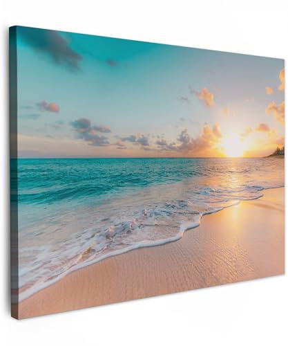 MuchoWow© Impressions sur Toile 40x30 cm Deco Tableau Murale Decoration Salon Peinture Tableaux Chambre Toiles Maison Coucher de soleil - Plage - Mer - Été - Bleu