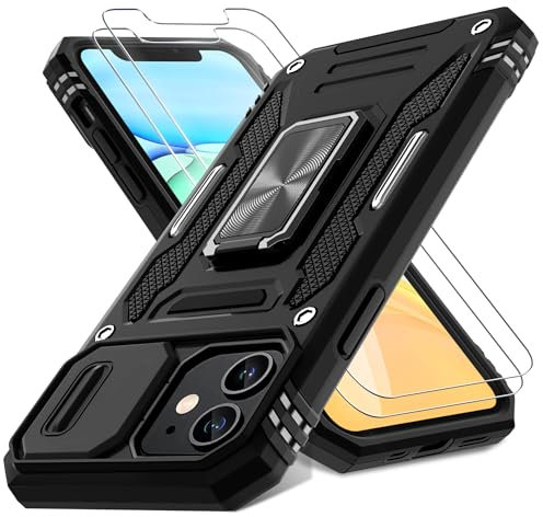 DEERLAMN Case for iPhone 11 with Slide Camera Cover+Screen Protector(2 Packs),Rotated Ring Kickstand Military Grade Shockproof Protective Cover-Black