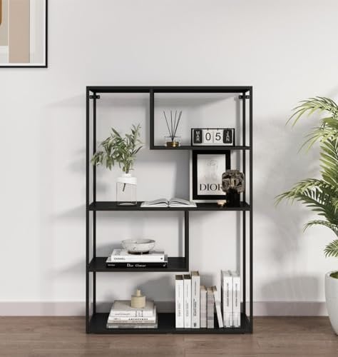 Hallowood Furniture Bewdley 126cm Large Display Unit with 4 Shelves, Black Metal Shelf, Tall Display Cabinet, Black Metal Bookcase, Sleek Office Shelving Unit for Living Room & Hallway