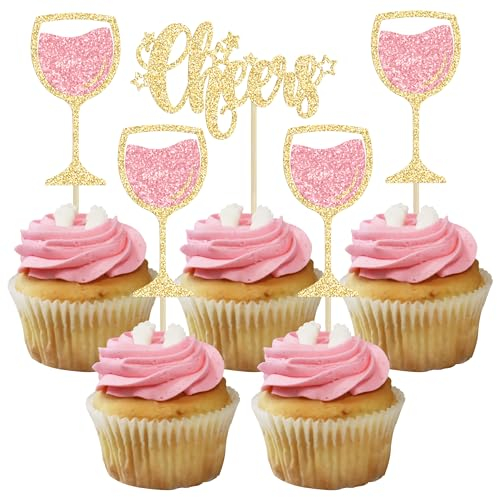 Gyufise 24Pcs Cheers and Beers Cupcake Toppers Glitter Beer Mug Cupcake Picks for Baby Shower Birthday Beers Festival Themed Party Cake Decorations Supplies Gold Rose Gold