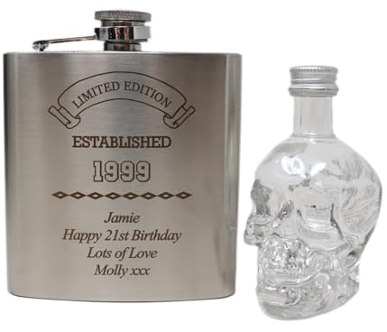 Personalised Engraved Stainless Steel Silver Hip Flask & Miniature Alcohol Bottle - Established Birthday Design - 18th Birthday Gift for Son/Boys (Skull Vodka/No Gift Box) 40% vol