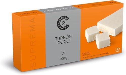 Castillo de Jijona - Nougat à la noix de coco - Nougat traditionnel - Doux au goût tropical intense - Sans gluten - Qualité suprême - Recette artisanale - Fabriqué en Espagne (Jijona) (200, grammes)
