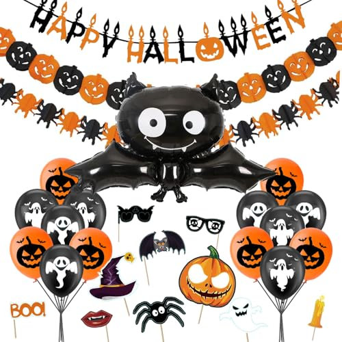 Halloween Deko Set, Happy Halloween Dekoration Girlande, Kürbisse und Spinnen Wimpelgirlande, Grusel Halloween Fotorequisiten, Ballons mit Geistern und Kurbissen