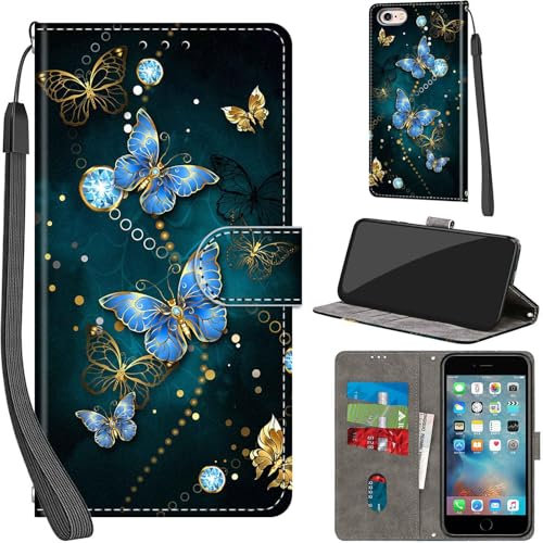 PHINIENLAND For iPhone 6 / 6s Leather Wallet Case,Flip Protective Book Cover with Card Holder,Stand Wrist Strap Magnetic Flip Cover Compatible with for iPhone 6 Case -Blue Butterfly
