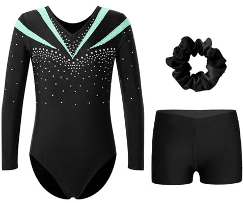 Miutii Mädchen Turnanzug Glitzer Gymnastikanzug mit kurze Hose Haarband Langarm Gymnastik Leotard Kinder Ballettanzug Turnen Trikot Tanzkostüm Hell Grün 158-164
