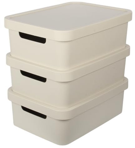 Jolie Max Plastic Storage Boxes with Lid, (Set of 3) 19L Capacity Each, Solid Matte Colour, Decorative Design with Handle, Stackable & Nestable Space-Saving Organizers – 45.5 x 33.5 x 15.5 cm (BEIGE)