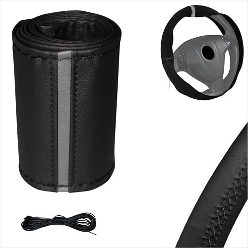Xkeribom Auto Lenkradbezug ZUN Nähen aus weichem Leder mit 12 Uhr Markierung Leder Lenkradhülle Lenkradschutz (Lenkraddurchmesser 37-38 cm) (Grau Markierung)