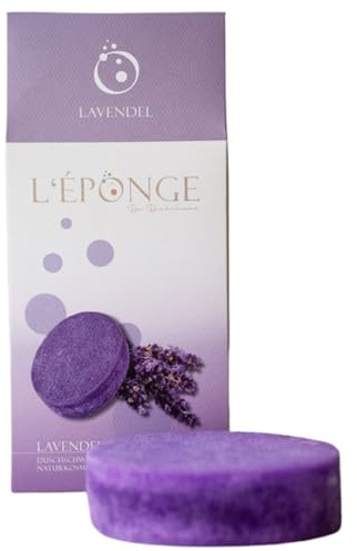 L'ÉPONGE – Lavendel Duschschwamm | Innovativer 4 in 1 Badeschwamm mit schäumender Naturseife, intensivem Duft und sanftem Peeling-Effekt. Naturschwamm für bis zu 30 Wäschen