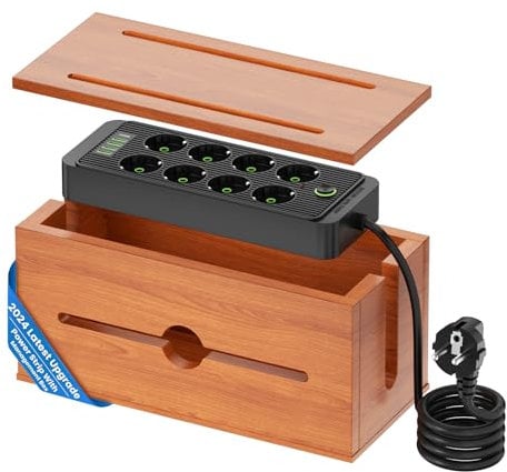 Hölzernem Kabelbox mit Steckdosenleiste, Ladestation Organizer mit 8-Steckdosen 4 USB & 1 Typ-C Schnellladen, Überspannungsschutz mit 200cm Verlängerungskabel für Büro, Zuhause (Tannfarbe S)