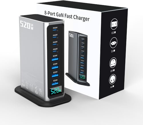 520W GaN III 8 Ports USB C Fast Charging Station, Portable PD USB A/C Charger Power Adapter with Digital Display and Data Cable, 100W Desktop Charger Compatible with Phone, Tablets and Laptop