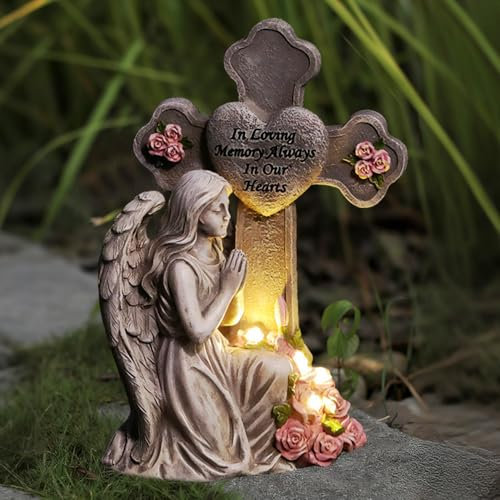 FUFRE Angelo per tomba, resistente alle intemperie, resistente al gelo, a forma di angelo, a energia solare, resistente alle intemperie, impermeabile, in resina, decorazione per tomba, per prato