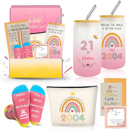 Zyphoria 21st Birthday Gifts for Her, Unique 21 Year Old Birthdays Gift for Women Bestie Sister Niece, Cool Happy 2004 Female Daughter Decorations Presents Basket Idea Glass Cup Sock