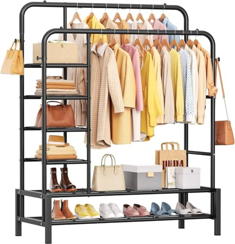 ZHKINGGS Clothes Rails for Bedroom - Heavy Duty Clothes Rail with Double Hanging Clothing Rail, Shoe Rack, Storage Shelves & 4 Coat Hooks, Clothes Rack for Closet, Laundry, Shop (Modern, Black)