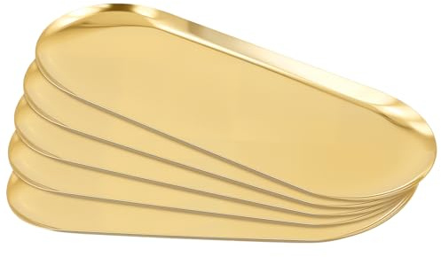 CHUENHEI 5 Stück Goldene Tablett Oval 30 x 12 cm, groß Edelstahl Servierteller Serviertablett Gold Deko Tablett Ablageschale Dekoteller für Schmuck Kosmetik Kerzen
