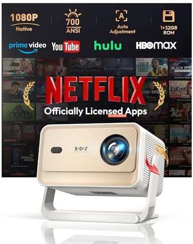 Xgody Netflix Certified Projector Native 1080P 4K Supported 700ANSI, Auto Focus & Voice Assistant N6PRO Smart Projector, WiFi 6, Bluetooth 5.4, Rotatable Stand, Perfect for Home/Bedroom/Outdoor/Phone